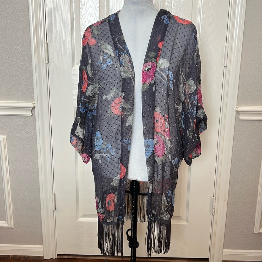 Blue Kimono Coverup with Flowers and Fringe Detail NWOT